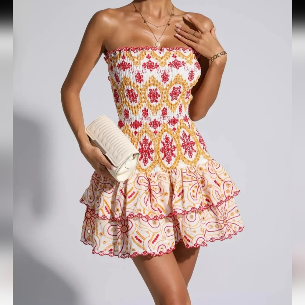 The Wildflower Shop Amelie Smocked Strapless Ruffled Mini Dress Size Small